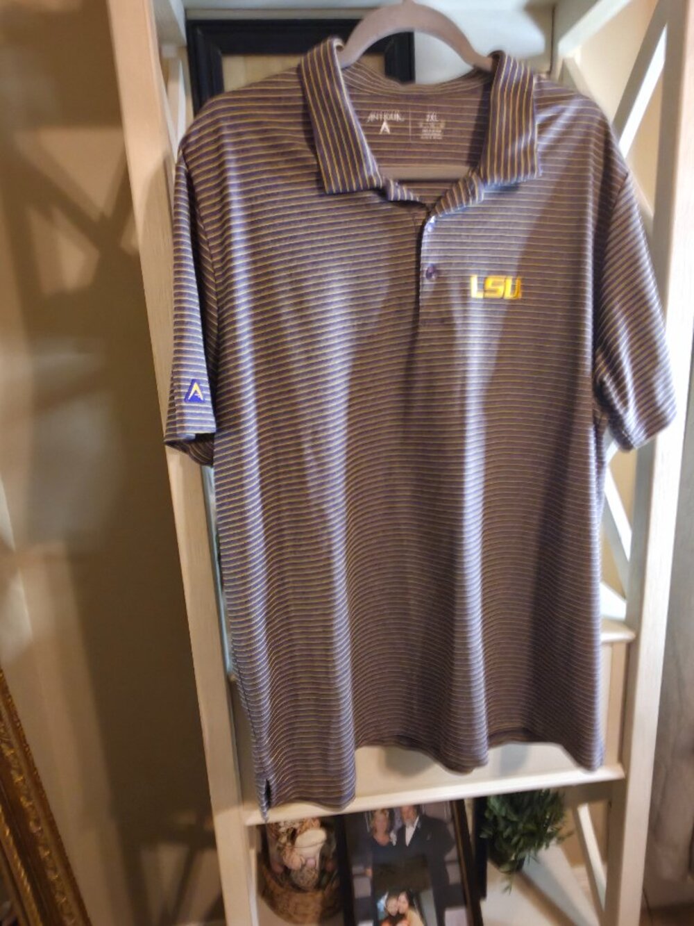 LSU TIGERS POLO MEN'S 2X HEATHERED PURPLE AND YELLOW STRIPE LSU